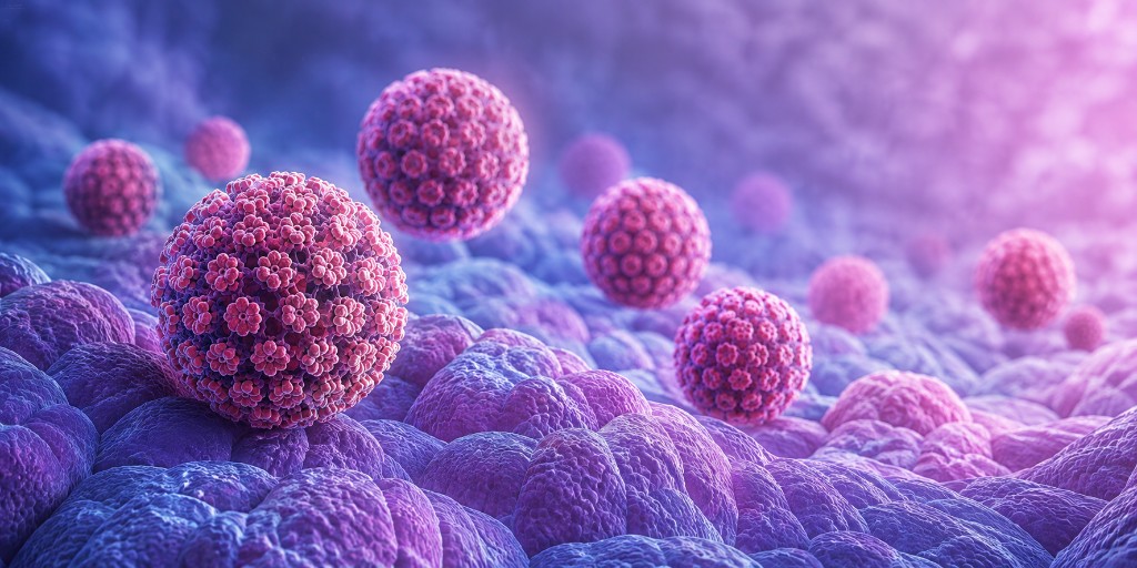 Wizualizacja cząsteczek wirusa HPV nad powierzchnią komórkową